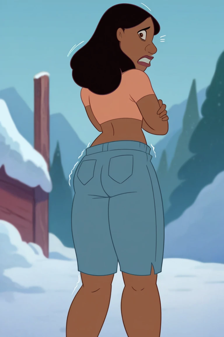 score_9_up, score_8_up, score_7_up, 1girl, solo, n4niP, nani, dark-skinned female, brown eyes, black hair, crop top, midriff, shorts, lips, hips, cold posture, freezing, shivering, shaking, snow, winter, tundra setting, High Resolution, Accurate, Best Qual...