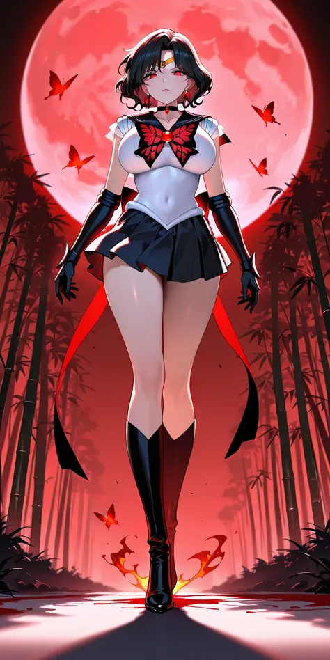 Masterpiece, elegant mature woman, evil moon\(evil moon\), tall body, big breast, black color sailor senshi uniform (black sailor senshi uniform skirt, black sailor senshi uniform gauntlets, black sailor senshi uniform high boots, red blood butterfly ribbo...