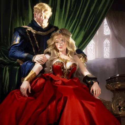 there is a man and woman dressed in medieval clothing posing for a picture, portrait of emily blunt as queen, royal portrait, portrait of megan fox as a queen, portrait cersei lannister sit, royal portrait painting, majesty in noble clothes, sitting in a g...