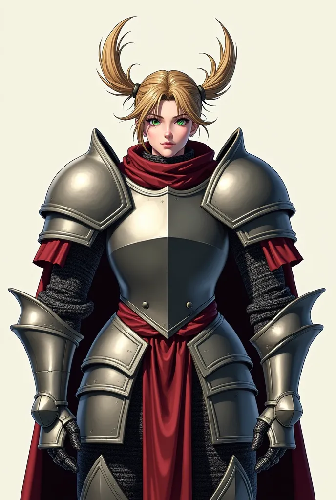 generate image
style: 2d anime
character: heavy plate medieval knight armor, heavy armor, bulky armor with red trims NO bust armor. 
Head: young female, green eyes, blonde ponytail, 1 ponytail, messy bangs, anime face, anime eyes 