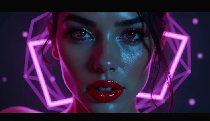 Photorealistic extreme closeup of a captivating woman's face. Her eyes are intensely alluring, conveying a sense of deep desire and control; lips are subtly parted in a suggestive manner, hinting at pleasure. Cyberpunk aesthetic with a dominant color palet...