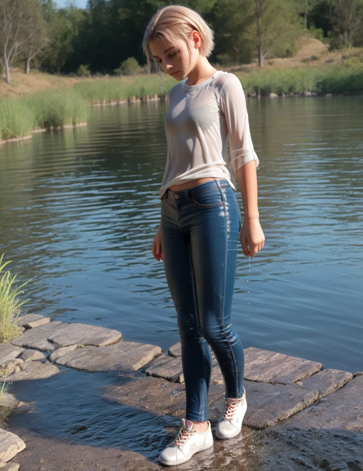 (((girl))),  (((Young))), (((short))), girl are standing in a lake water, (((wearing a tight soakingwet jeans))), (((soakin wet clothes))), (view full body:1.4), (round ass:0.5), (blond hair:1.4), (short girl:1.9), finnish girl, 15yo, (view full body:1.4)