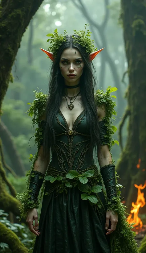 Mystic women, elf, nature, plant  rock skin, gothic, dark forest, natural, photorealistic, goth girl, fire, hdr, realistic, nosering, septum, green plant skin, 