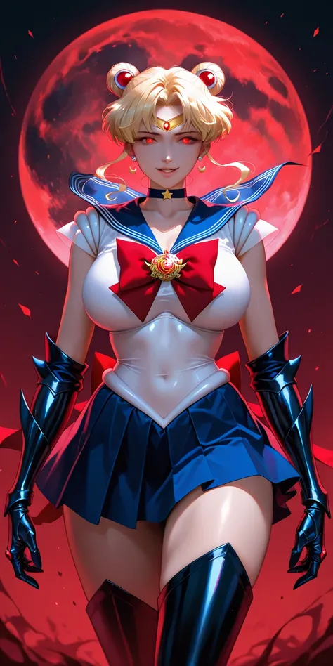 Masterpiece, newest, vibrant, very aesthetic, high contrast, mature woman, black moon\(sailor moon\), red eyes, tall , big breast, sailor senshi uniform (sailor senshi uniform shirt, sailor senshi uniform gauntlets, sailor senshi uniform skirt, sailor sens...