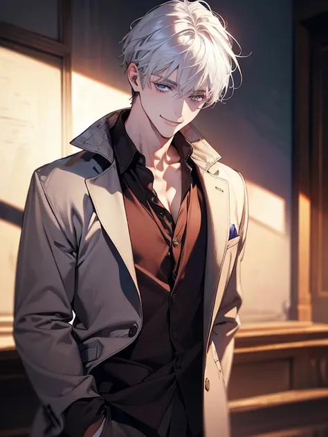 ( realistic:1.37, best quality,4K,8k, highres, Masterpiece:1.2), ultra-detailed,Young,Caucasian male, dark purple eyes ,gentle smile, simple clothes ,School Atmosphere , medium hair,  white hair , Light Smile . Between Shadows and Choices