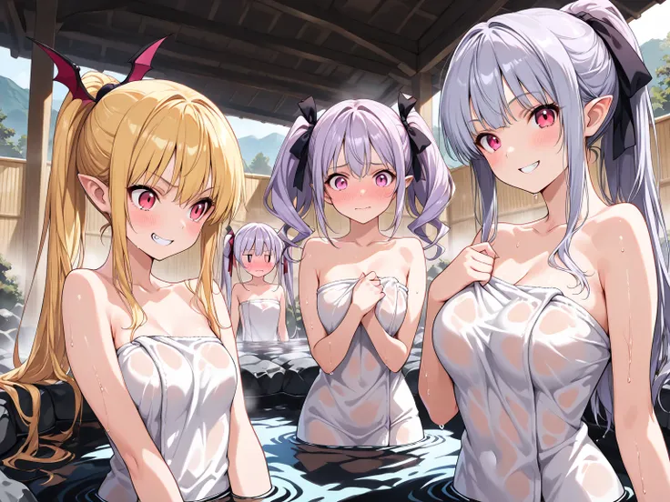 ((masterpiece, best quality, extremely detailed)), 3girls, 
|(silver hair, long hair, twintails, purple eyes, hair ribbon, embarrassed)|, 
|(blonde hair, long hair, red eyes, demon girl, grin)|, 
|(light purple hair, long hair, ponytail, pink eyes, hair ri...