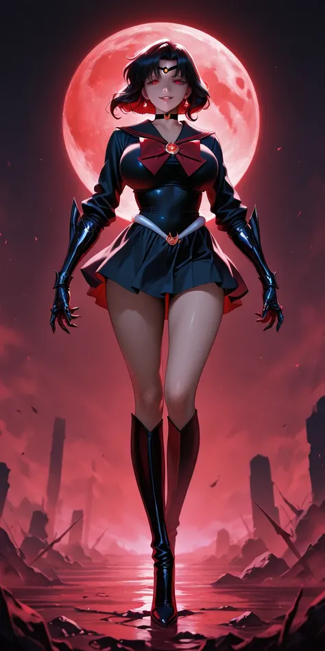 Masterpiece, newest, vibrant, very aesthetic, high contrast, mature woman, black moon\(sailor moon\), red eyes, tall , big breast, black sailor senshi uniform (black sailor senshi uniform shirt, black sailor senshi uniform gauntlets, black sailor senshi un...