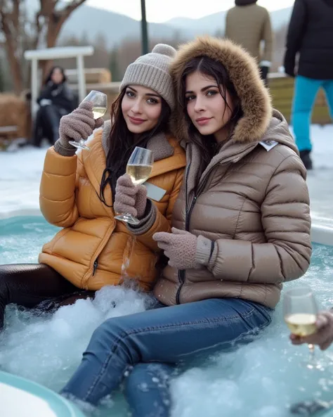 Two beautiful girls in winter clothes , down jackets, jackets, jeans , gloves,  relax with champagne in a jacuzzi at a ski resort, fully dressed in winter clothes, Totally wet , Soaked in , people in ski suits with skis in the background