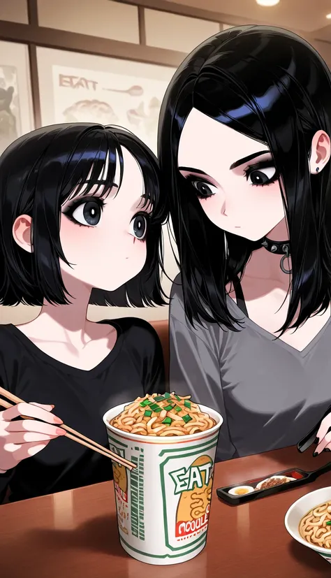 sfw, cool beauty, [punk + Gothic_lolita], 2 girls, black hair, medium hair, parted bangs, small breast, upper body, eat cooked cupnoodle use chopstick, mascara, tareme,