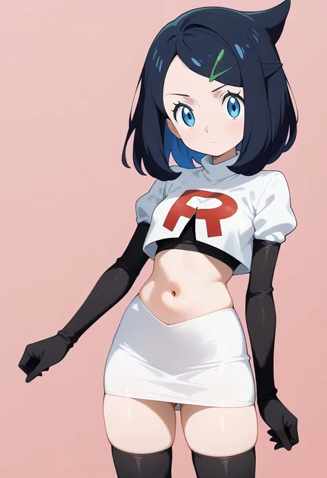 best quality, good quality, amazing quality, very aesthetic, absurdres, masterpiece, 1girl, aaliko, medium hair, black hair, colored inner hair, hairclip, blue eyes, team rocket,team rocket uniform,white skirt,red letter R,crop top,black thigh-highs,black ...