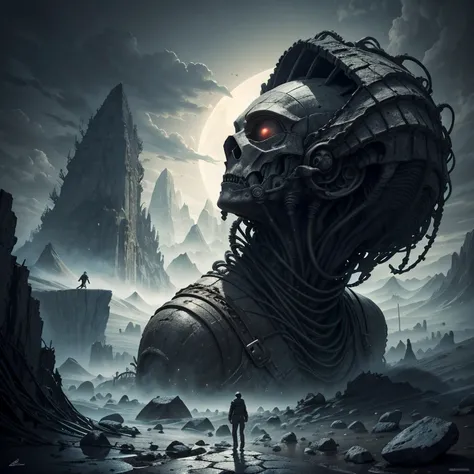 stone wasteland ,  man on a slope ,  against the background of a cyclopean alien structure,  magic signs on the wall,  movie poster  ,  fascinating composition ,  Atmosphere , wallpaper, magic