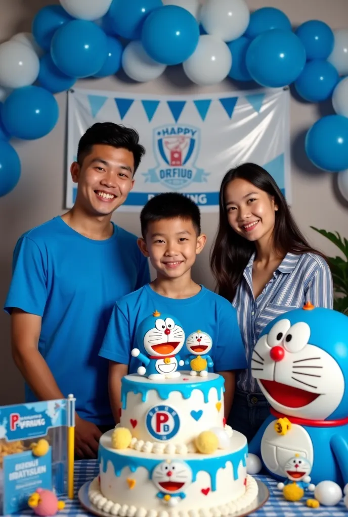 A 16-year-old boy's birthday party with a Doraemon and Persib Bandung theme. In the frame, there are four people: a handsome 16-year-old Indonesian boy as the center of attention, a handsome young man from Indonesia, and two beautiful young women from Indo...