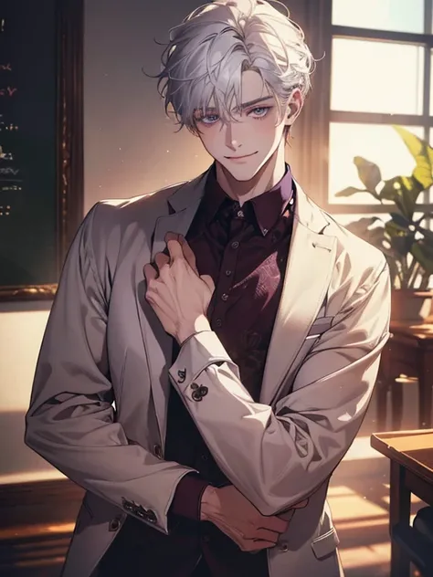 ( realistic:1.37, best quality,4K,8k, highres, Masterpiece:1.2), ultra-detailed,Young,Caucasian male, dark purple eyes ,gentle smile, simple clothes ,School Atmosphere , medium hair,  white hair , Light Smile . Between Shadows and Choices