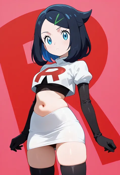 best quality, good quality, amazing quality, very aesthetic, absurdres, masterpiece, 1girl, aaliko, medium hair, black hair, colored inner hair, hairclip, blue eyes, team rocket,team rocket uniform,white skirt,red letter R,crop top,black thigh-highs,black ...