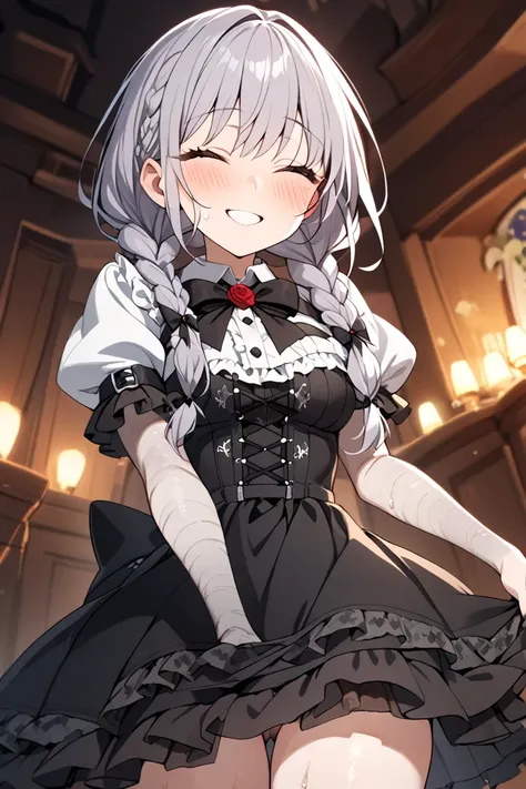  1 girl,  high res,  anatomically correct,  top quality,  Textured Skin ,  braids,  blushes,  smile, Teardrop,  happy/joy,  naughty,  gothic lolita , cinematic angle