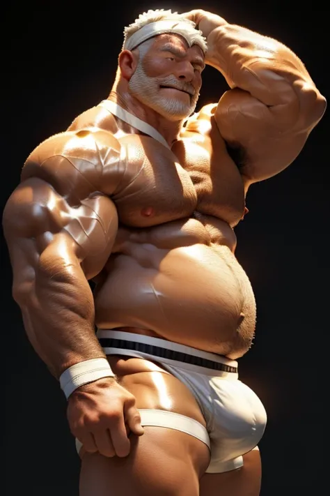 (Black Background:1.5)。 shirtless fat middle-aged male bodybuilder。Huge belly。 Huge Muscles。(White jockstrap:1.5)。( extremely huge bulge :1.5)。barefoot。( sunburned skin :1.5)。 glossy skin。Glowing Skin。Armpit hair。