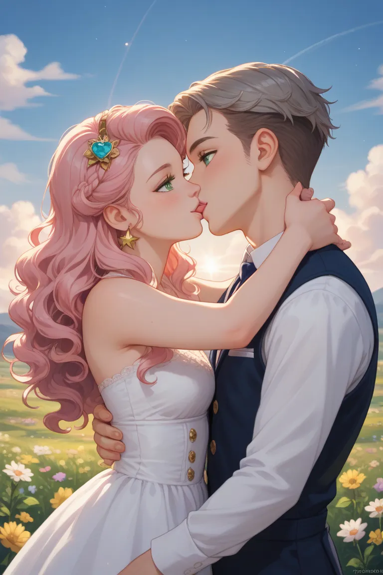  A romantic outdoor scene ,  on a sunny day,  with a bright blue And some soft clouds in the background .  A dark-haired young man with gray strands and intense green eyes is looking deeply at a beautiful woman with long, wavy hair in pastel pink tones wit...