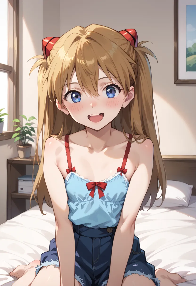 (( top quality)), (( Masterpiece)), (be familiar with),  perfect face,  indoor, bedroom,  viewers are watching The Man with the Big Penis,
One woman,  Soryu Asuka Langley,
 open mouth,  ecstatic expression, blush, smile,
 small tits,  flat chest, Young gir...