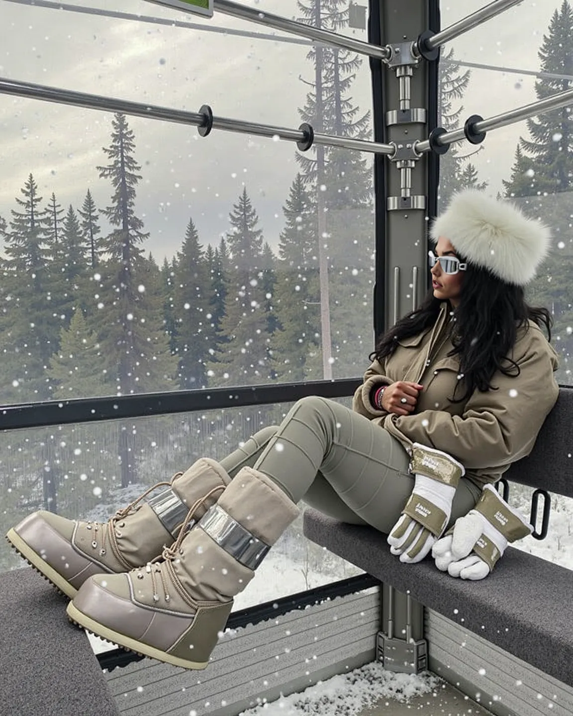   Photo Description :  Valeria in a cable car with a bulky down coat

Valeria is sitting inside a cable car,  surrounded by a winter landscape of snowy mountains .  The photo is taken from below ,  capturing her relaxed and seductive expression as she look...