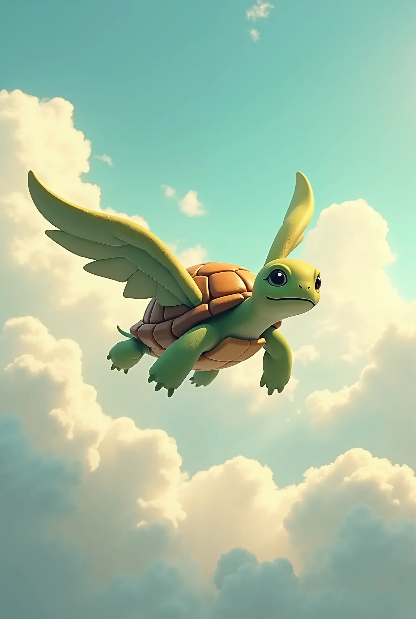 Animation of a turtle with wings in the clouds