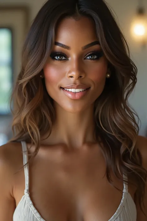 27 year old Latina woman, 1, 72 tall, long, slightly wavy brown hair with golden caramel highlights, full, well-detailed lips, she wears casual clothes, comfortable shoes, and a luxury bag on the side. Face shape: Symmetrical, oval, with delicate and balan...