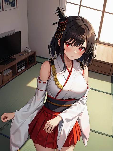 Portrait, official art, best masterpiece, best quality, best resolution, 8K, best detailed, perfect anatomy
BREAK
(yamashiro_kantaicollection:1.15), short hair, (red eyes, black hair), hair ornament, (japanese clothes), (red hakama short skirt), (white soc...