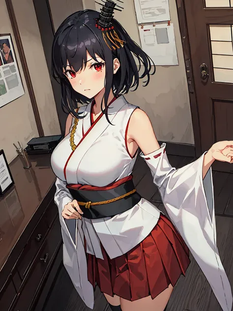 Portrait, official art, best masterpiece, best quality, best resolution, 8K, best detailed, perfect anatomy
BREAK
(yamashiro_kantaicollection:1.15), short hair, (red eyes, black hair), hair ornament, (japanese clothes), (red hakama short skirt), (white soc...