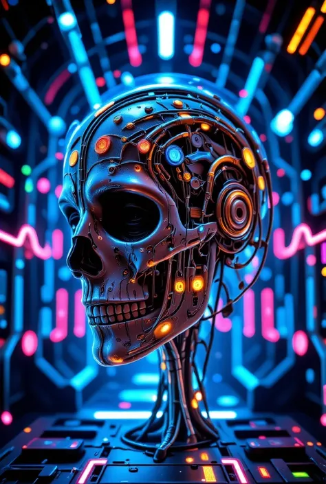 A highly detailed cyberpunk image of a futuristic human skull with integrated mechanical and electronic components. The skull is partially transparent, revealing internal circuits and digital structures. Wires and cables are connected to the top of the hea...