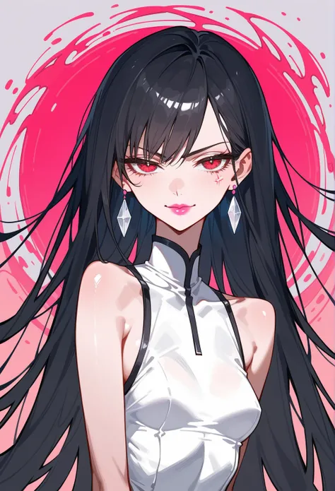 Artwork,,,, back view, adult female, single woman, alone, black hair, very long straight hair, short sharp full bangs, red eyes, half closed eyes, pink lipstick, full lips, expressionless, pale skin, small full breasts, short white sleeveless suit, shy, lo...