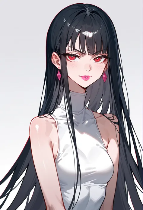 Artwork,,,, back view, adult female, single woman, alone, black hair, very long straight hair, short sharp full bangs, red eyes, half closed eyes, pink lipstick, full lips, expressionless, pale skin, small full breasts, short white sleeveless suit, shy, lo...