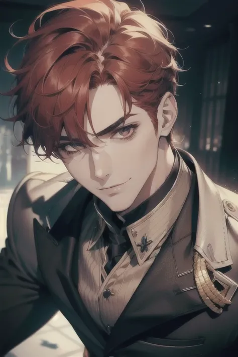 1 man,  male focus, tall muscular, beautiful,  extremely detailed face ,  short hair,  smile, Suit,  portrait,  realistic, ( best quality, 4K, 8k,  highres,  Masterpiece:1.2), ( ultra-detailed:1.3),  red hair, [ thick eyebrows:0.5]