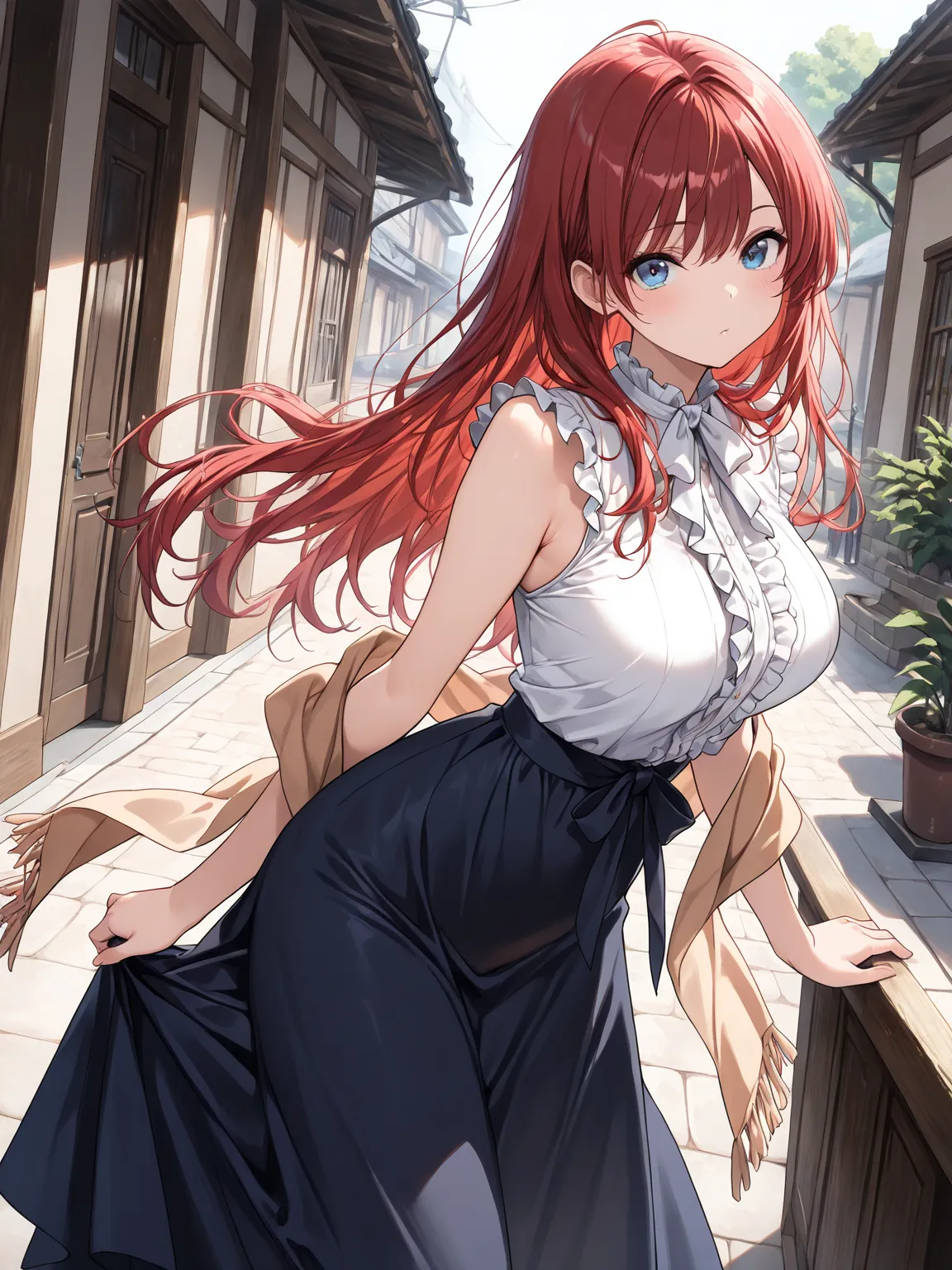 ((masterpiece, best quality, extremely detailed)), 1girl, red hair, long hair, blue eyes, white frilled shirt, sleeveless, frills, dark blue long skirt, shawl, looking at viewer,