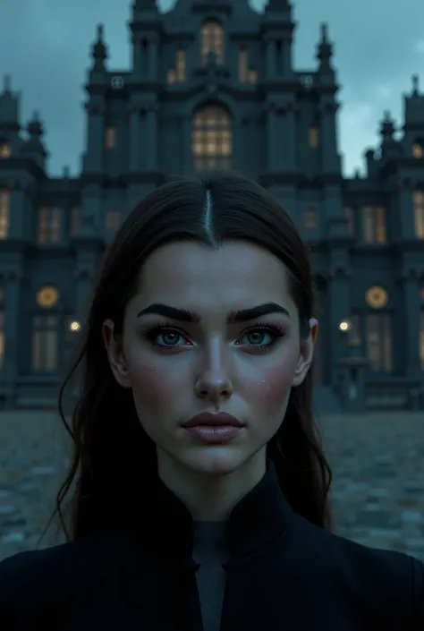 I want the same face as the woman but with a big black palace in the background at night