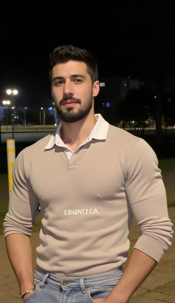 a young handsome turkish guy with muscle,  dark short hair and goatee beard amateur photo random picture he is in cologne he wearing a beige tight sweater with collar  says balenciaga in white and a loose light jeans and has very much muscles amateur its n...