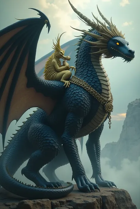 Big black dragon with a saddle on its back and a smaller golden dragon between the black dragon's feet 