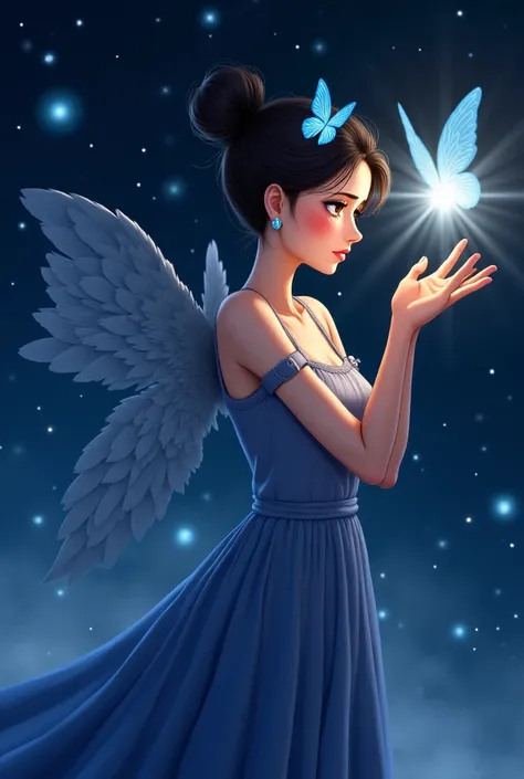 she creates an anime character with her hair tied up and black , brown eyes and delicate nose . In her hair she has a small blue butterfly on the side and she has a long dress of the same color. She has wide angel wings and arms up holding a beacon of thea...