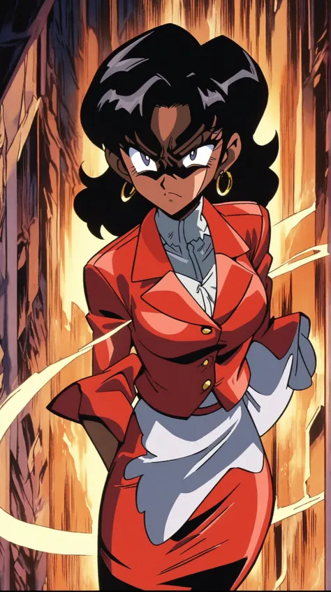 EVIL BLACK BUSINESS WOMAN WEARING A BLOUSE WITH A RED SKIRT SUIT 90s anime art style 