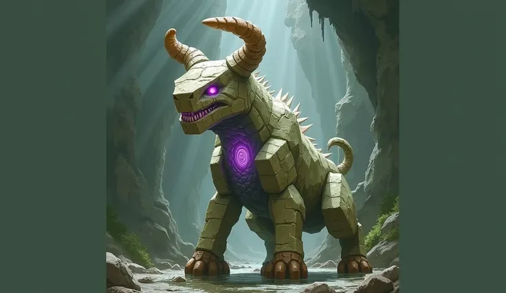 Earth elemental, body of stone and earth, crystal horns, quadruped, body of an ox, head like a rock cuboid, purple eyes, purple core in the back, full body image, in a cave, DnD, Fantasy