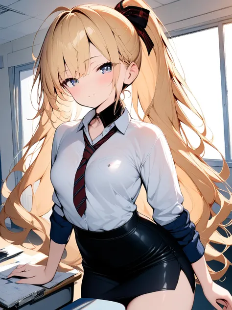 (masterpiece),high quality,1girl,blonde hair,very long hair,very (wavy hair), hairstyle with volume,ponytail,small breasts,school, business shirt, black mini tight skirt,business suit, teacher