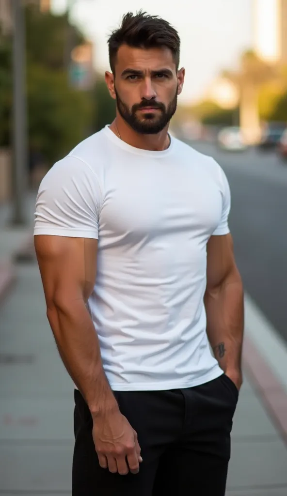 (((full body))), muscular European man, bodybuilder, around 30 years old (no beard), wearing a white t-shirt and black shorts, serious look, in Los Angeles California, warm atmosphere, looking at camera