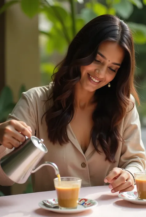 Aanya, a 25-year-old Indian girl, A close-up of Aanya pouring chai into two cups, with the table set simply but beautifully. The caption “Good vibes + chai” is softly written on the image. The larger photo helps showcase the warmth and relatability of her ...