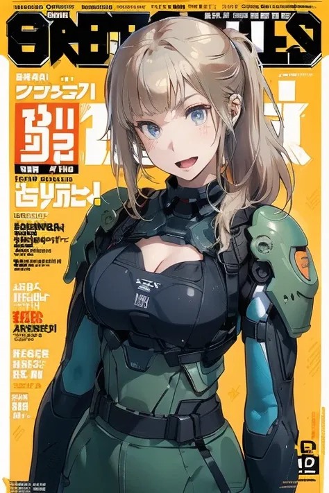 (from below:1.2, best quality ),1girl, solo, perfect, best quality, masterpiece, beautiful, pretty,female orbital drop shock trooper, green combat suit, futuristic body armor, large breasts, cleavage, cargo pants, long brown hair, ponytail, blue eyes, tact...