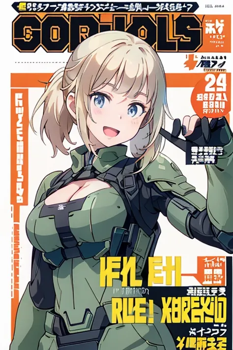 (from below:1.2, best quality ),1girl, solo, perfect, best quality, masterpiece, beautiful, pretty,female orbital drop shock trooper, green combat suit, futuristic body armor, large breasts, cleavage, cargo pants, long brown hair, ponytail, blue eyes, tact...