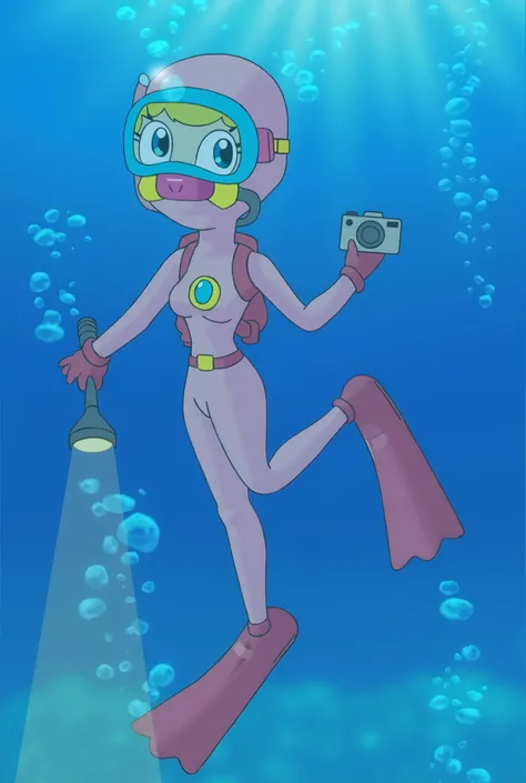 Scuba girl with rubber gloves, rubber socks, wetsuit with bare legs and sleeves, swimsuit, flippers, rubber hood, oxygen dive tank on her back, her mouth and nose are closed by full-face scuba gasmask, eyes protected by heavy plastic glass from water. She ...