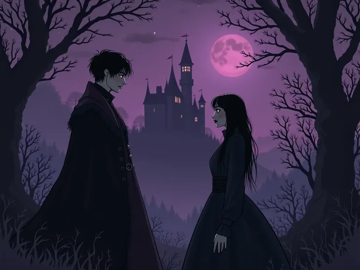 Create an illustration of girl gothic in a dark forest at night with a castle in the background in the purple color palette,  dark fantasy style , Skinny white-skinned thin  black hair and black eyes  delicate woman, victorian clothes, beautiful, fringe, a...