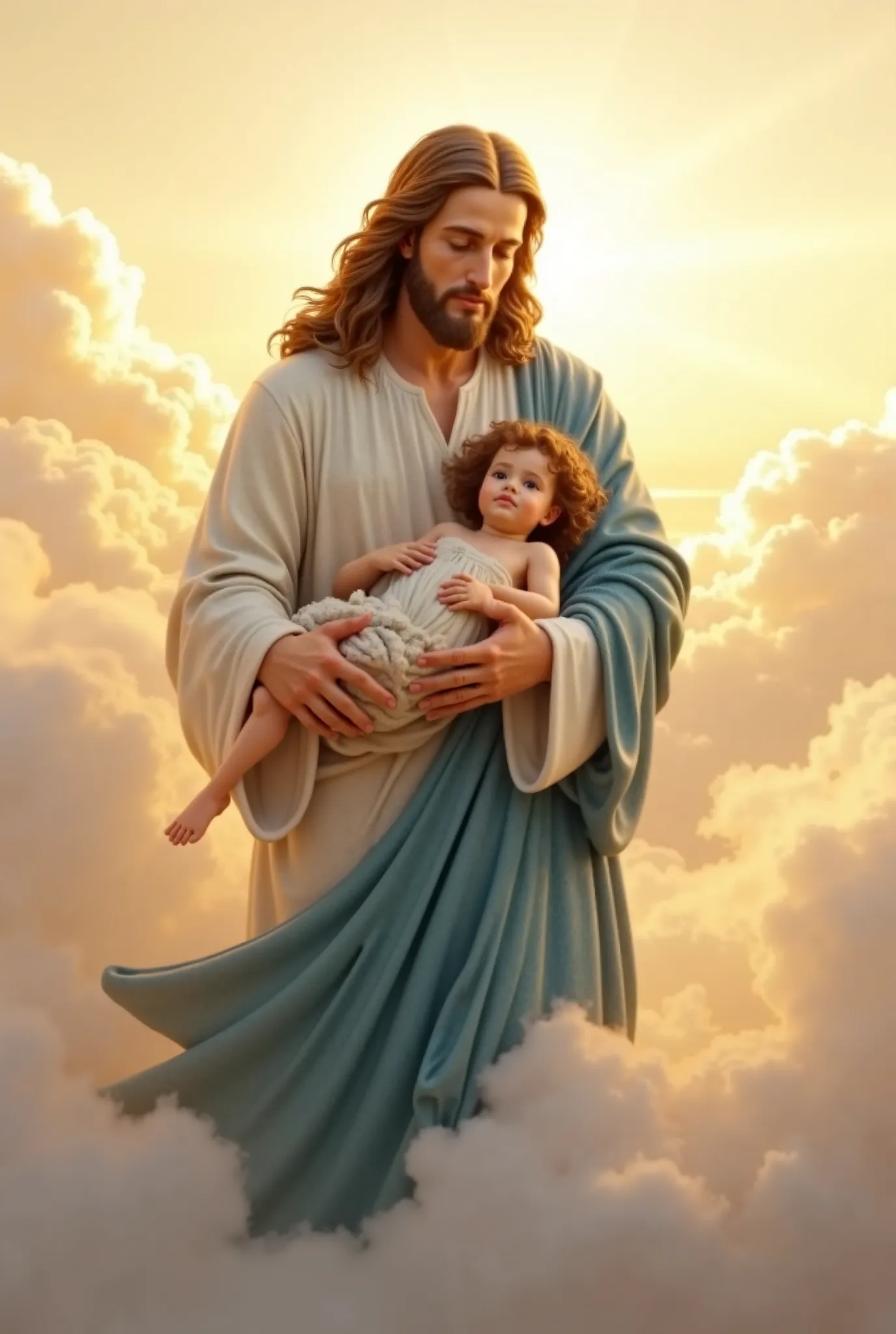 " Jesus Christ holding a  in his lap in the sky ,  on top of a cloud .  The scene is ultra realistic and detailed in 8K ,  with Jesus wearing a white robe and a soft blue robe. It has a serene and loving expression ,  while the  rests protected in his arms...