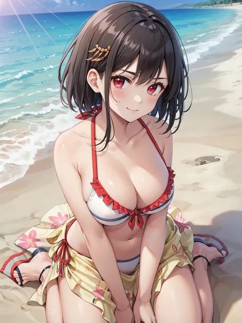 Portrait, official art, best masterpiece, best quality, best resolution, 8K, best detailed, perfect anatomy
BREAK
YamashiroBikiniKC, short hair, (red eyes, black hair), hair ornament, bikini, sandals, (floral print) sarong, (white) bikini, (frilled) bikini...