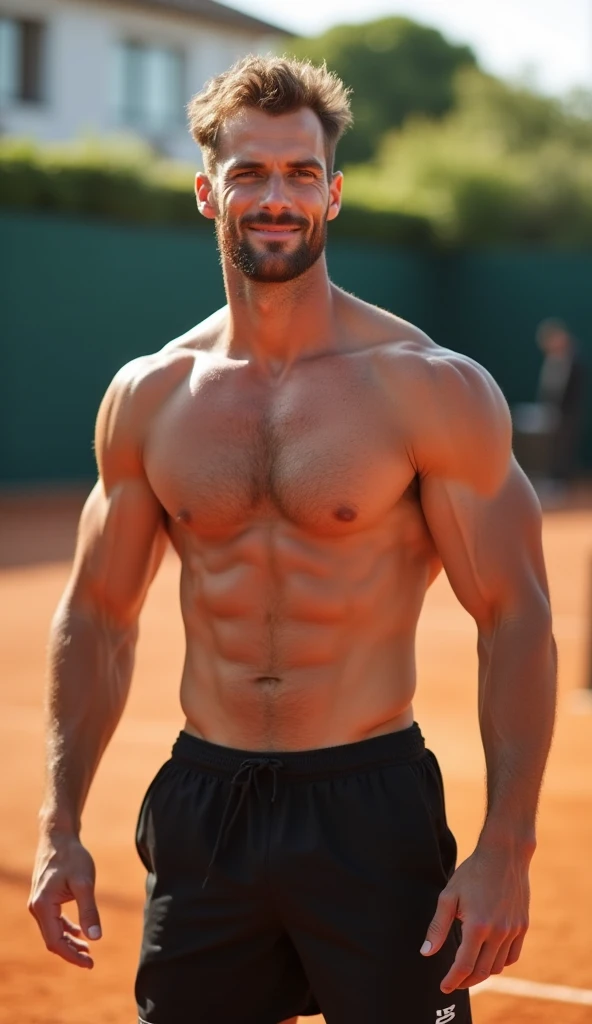 Selfie picture (((full body))), muscular bodybuilder European man in his 30s (no beard), shirtless and wearing black shorts, slight smile, finishing a tennis match, warm atmosphere, looking at camera