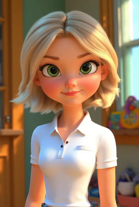 A girl of about 18 years old, blonde hair with a bob haircut, greenish brown eyes, dressed in a white GOLO POLO with pocket without details on the chest, pixar style image reaching from the waist up