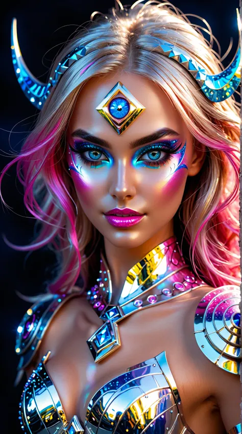 Create a warrior woman with a sculptural body inspired by the Gemini sign Pupils in the shape of a symbol, makeup,  Bright pupils,  evil smile, EXPRESSIONS, sparkling eyes, Silver eyes Shiny eyes , breasts, toys,  blue eyes,  Pink eyes, makeup,  Slight smi...